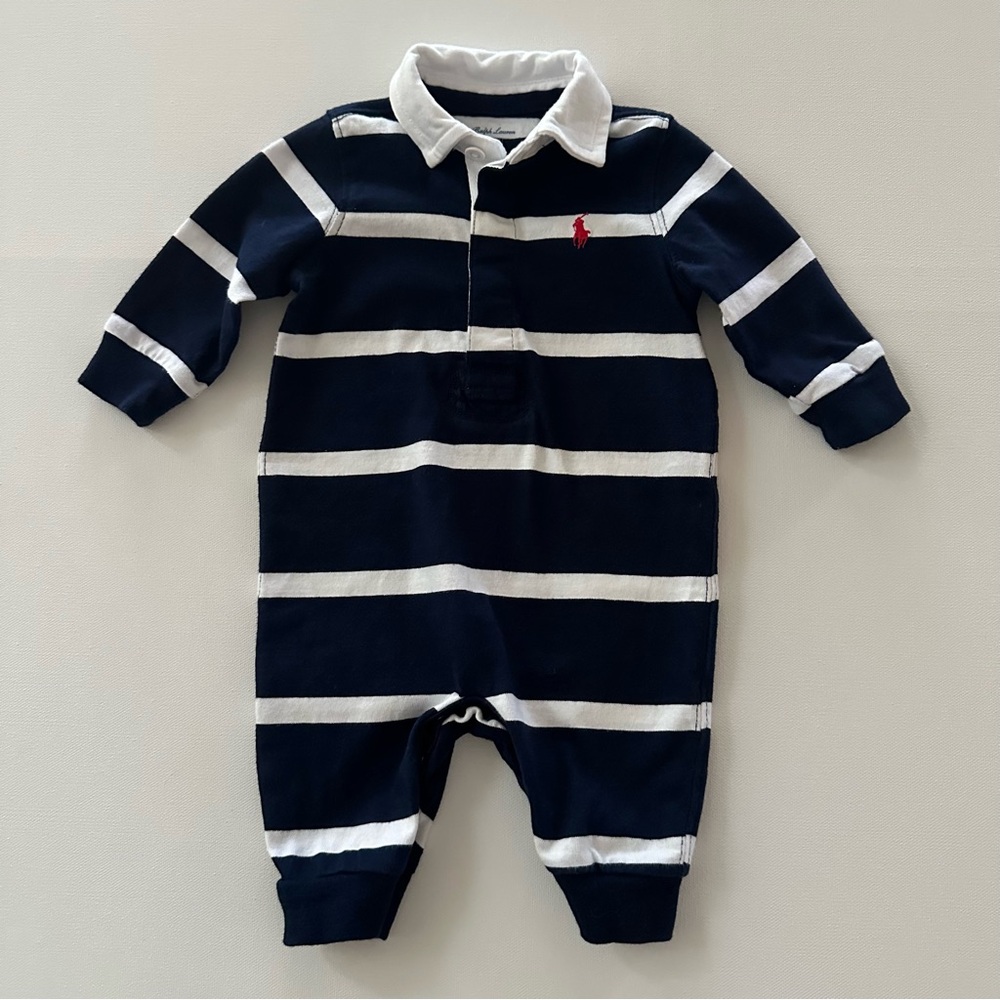 Ralph Lauren 3 Months Baby Boy Classic Navy White Striped Romper One Piece